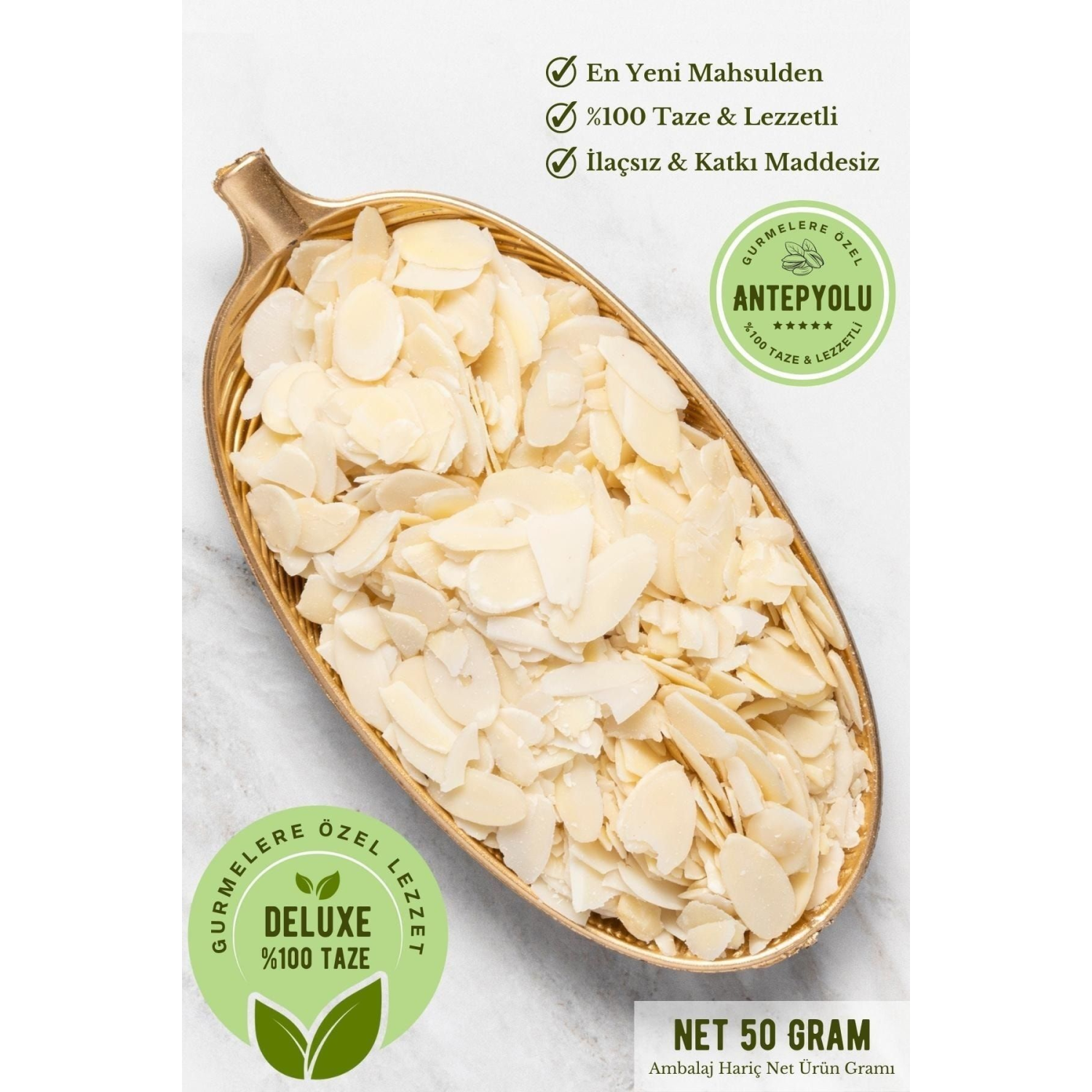 Deluxe Gurme Serisi 1. Kalite File Badem %100 Taze & Lezzetli Dilimlenmiş Badem Net 50 Gr