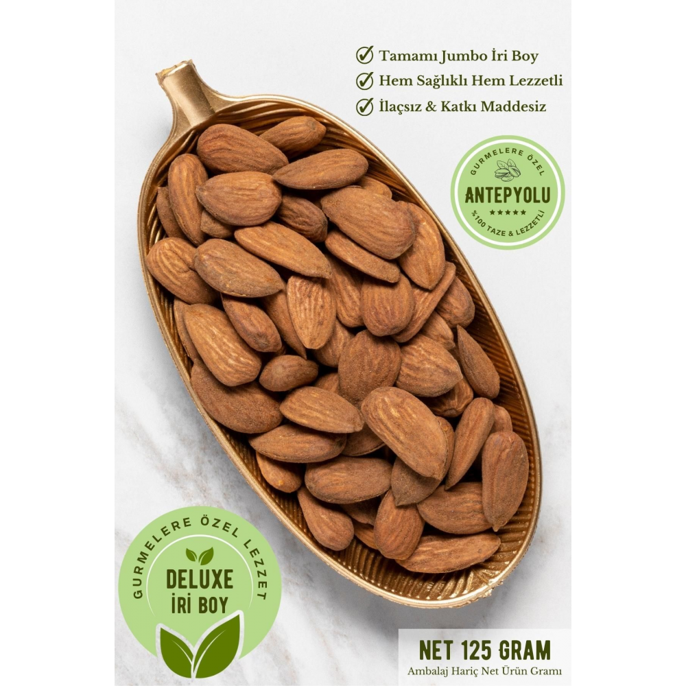 Deluxe Gurme Serisi Duble Iri Boy Çiğ Datça Bademi Yerli Taze Çıtır Çerez Tuzsuz Badem Net 125 gr