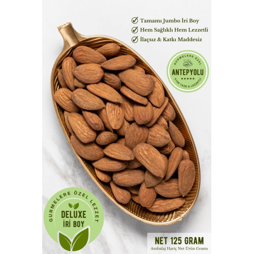 Deluxe Gurme Serisi Duble Iri Boy Çiğ Datça Bademi Yerli Taze Çıtır Çerez Tuzsuz Badem Net 125 gr