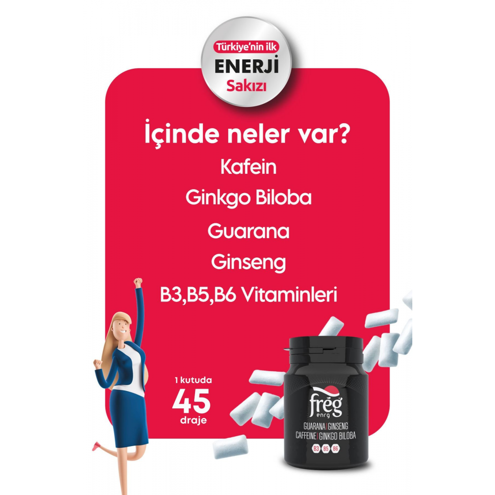 Freg Kafeinli Vitaminli Enerji Sakızı Şekersiz ve Nane Aromalı