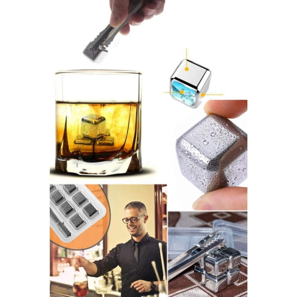Metal Viski Taşı Paslanmaz Çelik Çelik Buz Küpleri Içeçek Soğutucu 4 Adet
