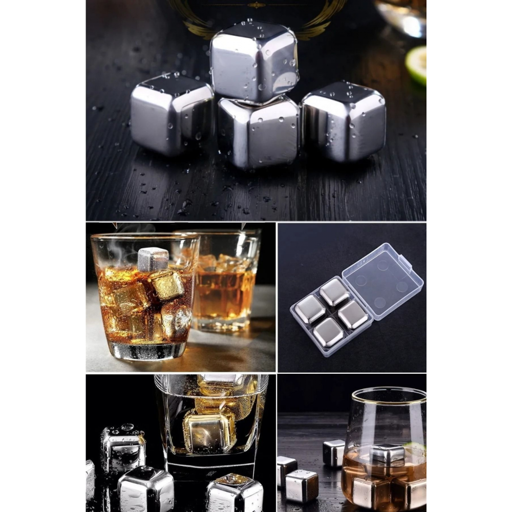 Metal Viski Taşı Paslanmaz Çelik Çelik Buz Küpleri Içeçek Soğutucu 4 Adet