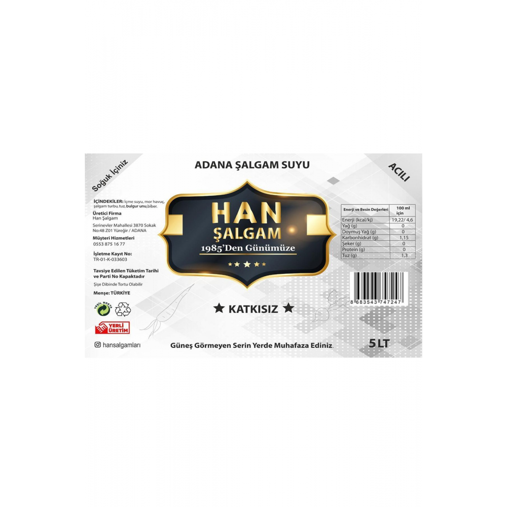 Şalgam Katkısız Adana Şalgamı Acılı 5 Lt