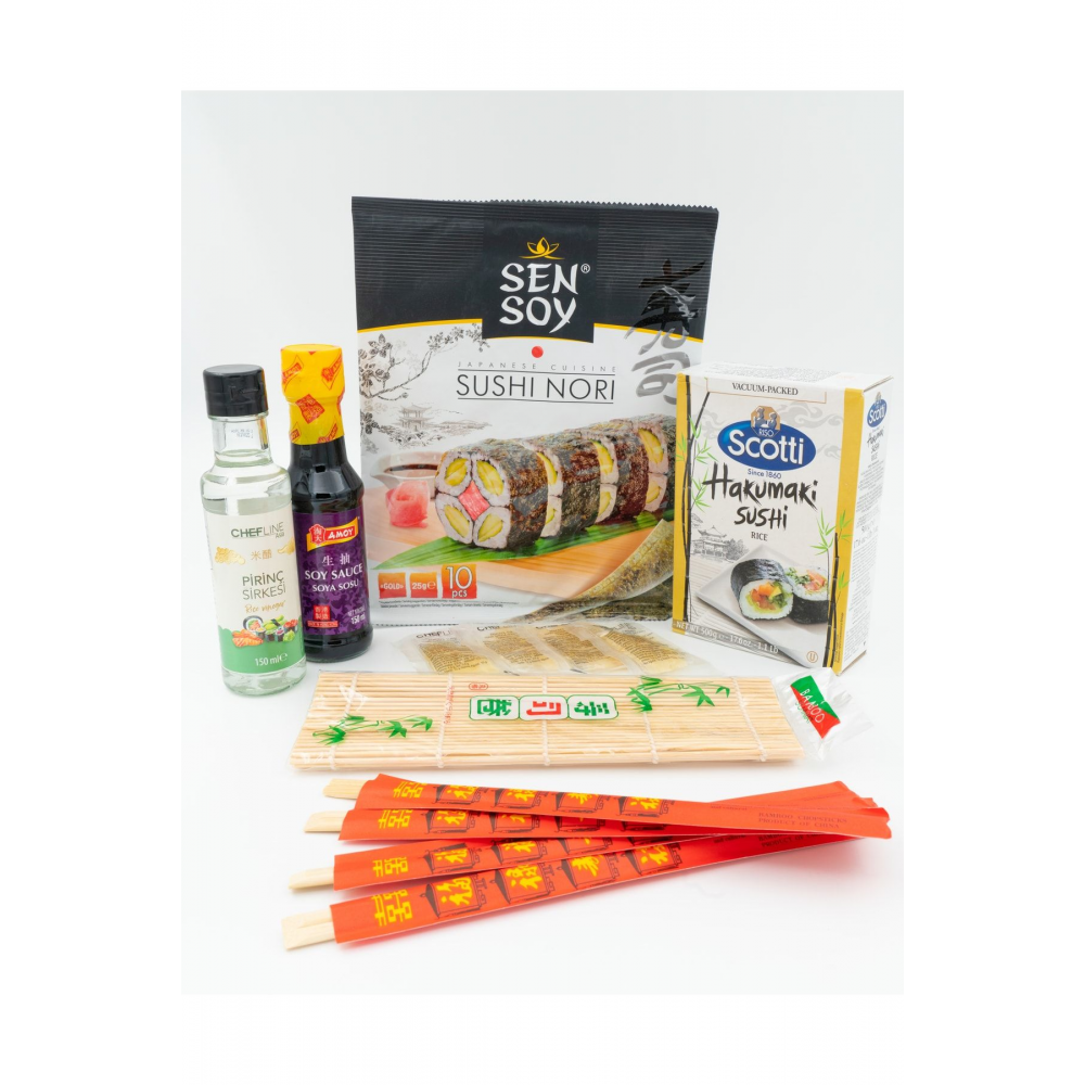 Sushi Seti Başlangıç, Sushi Yosun, Pirinç Sirkesi, Soya Sosu, Sushi Pirinci, Bamboo Mat, Chopstick