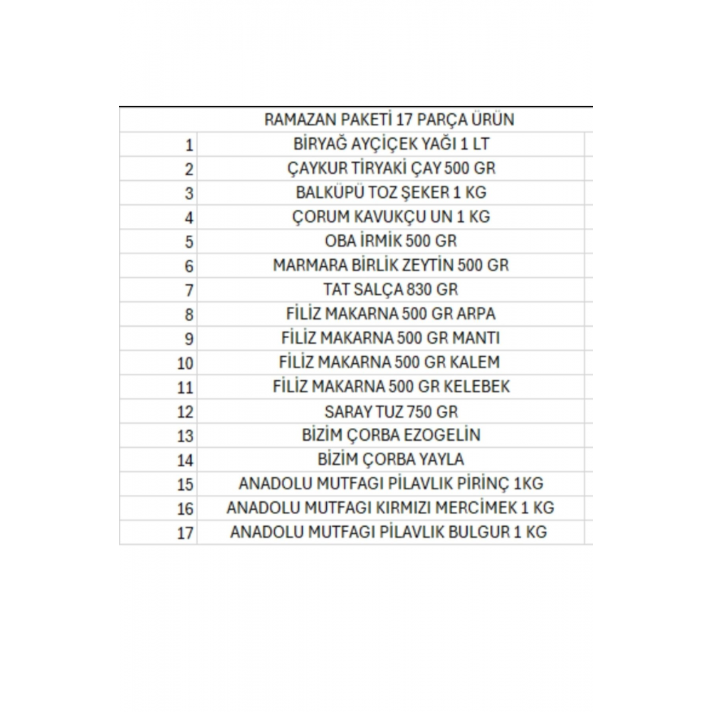 Ramazan paketi kumanya yardım gıda erzak kolisi lüks paket 17 parça ürün