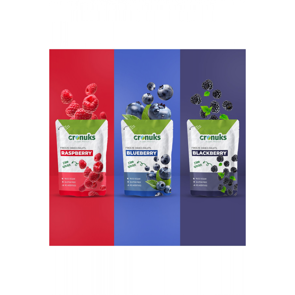 Freeze Dried 3'lü Orman Meyveleri Böğürtlen - Yaban Mersini - Ahududu 16gr X 3