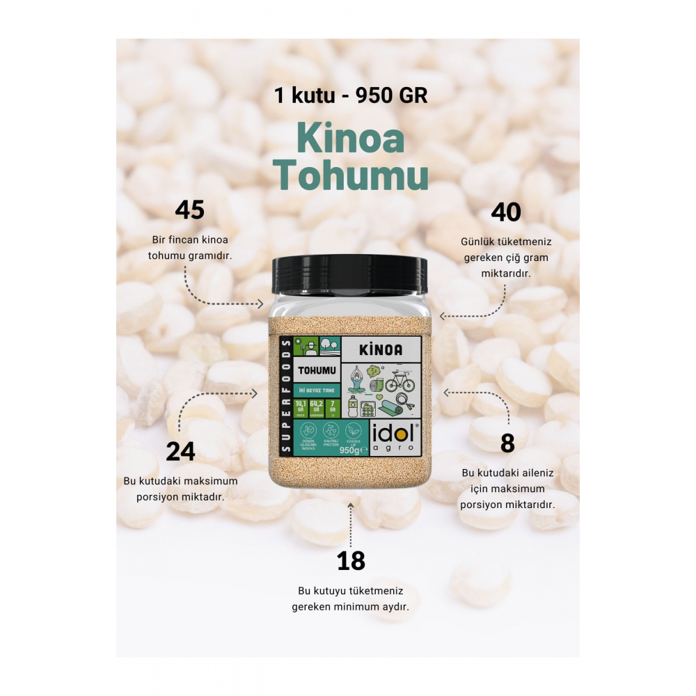 Kinoa Tohumu 950 gr  Superfoods Beyaz Tam Tane Glutensiz Düşük Gı Yüksek Protein+lif