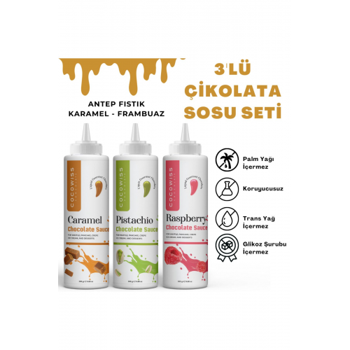 3'lü Çikolata Sosu Seti - Waffle Sosları 300gr(FRAMBUAZ SOS, KARAMEL SOS, ANTEPFISTIK SOS)