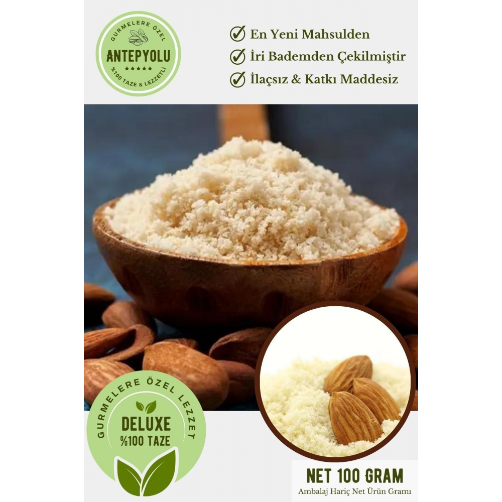 Deluxe Gurme Serisi 1. Kalite Saf Badem Unu Glutensiz Öğütülmüş Toz %100 Gerçek Badem Tozu 100 gr