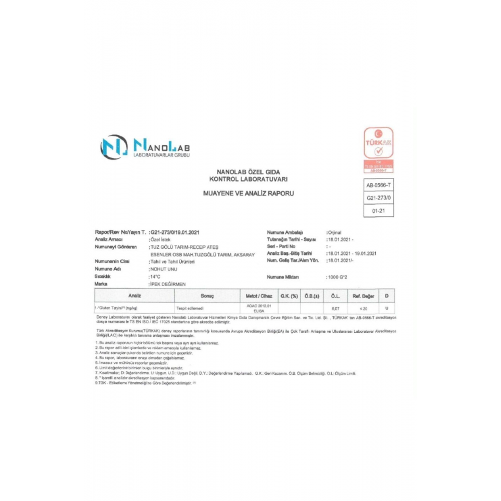 1 Kg Glutensiz Nohut Unu Doğal Katkısız Raporlu