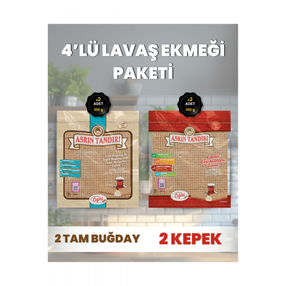4’Lü Paket (2Adet Ekşi Mayalı Tam Buğday+ 2 Adet Ekşi Mayalı Kepekli Lavaş Ekmeği Paketi)