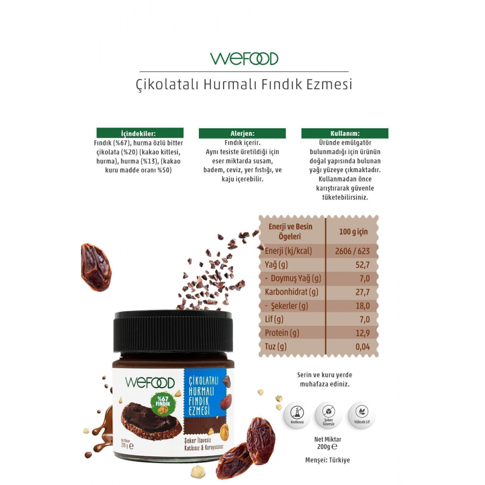 Çikolatalı Hurmalı Fındık Ezmesi (Şekersiz, Katkısız) 200 gr