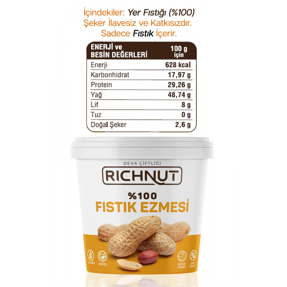 Richnut Şekersiz %100 Saf Doğal Fıstık Ezmesi 1 Kg