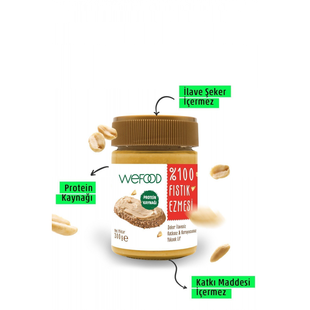 Şekersiz Sade %100 Fıstık Ezmesi 300 gr (Fıstık Parçacıklı).
