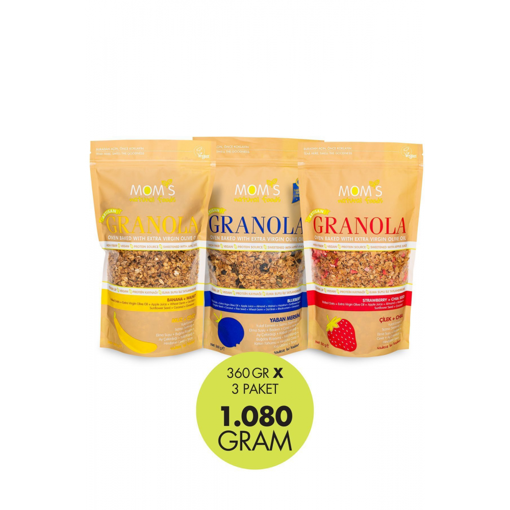 3'LÜ GRANOLA MUZ-CEVİZ 360 G / YABAN MERSİNİ 360 G / ÇİLEK-CHIA 360 G