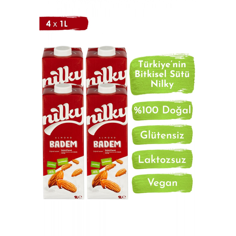 Badem Sütü Glütensiz Bitkisel Bazlı Laktosuz Vegan 4x1 Lt