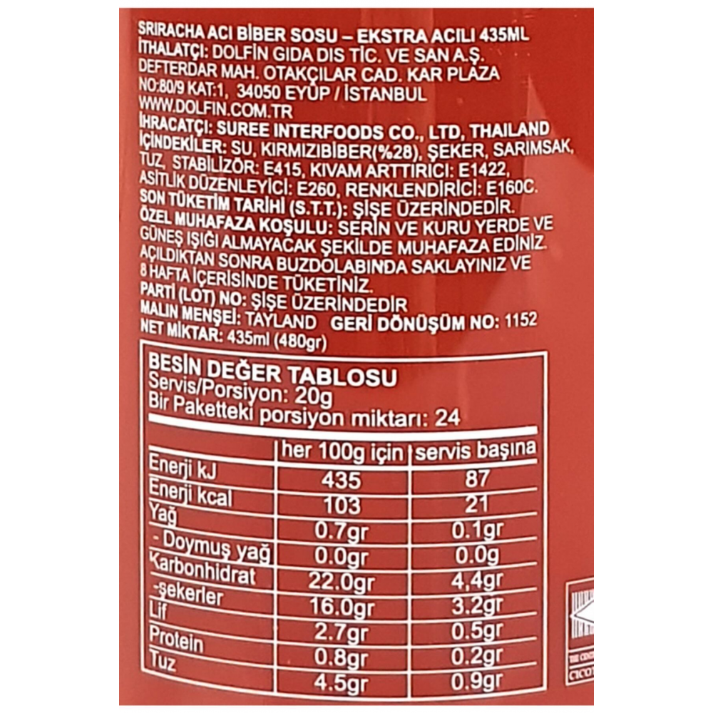 Sriracha Acı Biber Sosu Hot Chilli Sos 435 ml