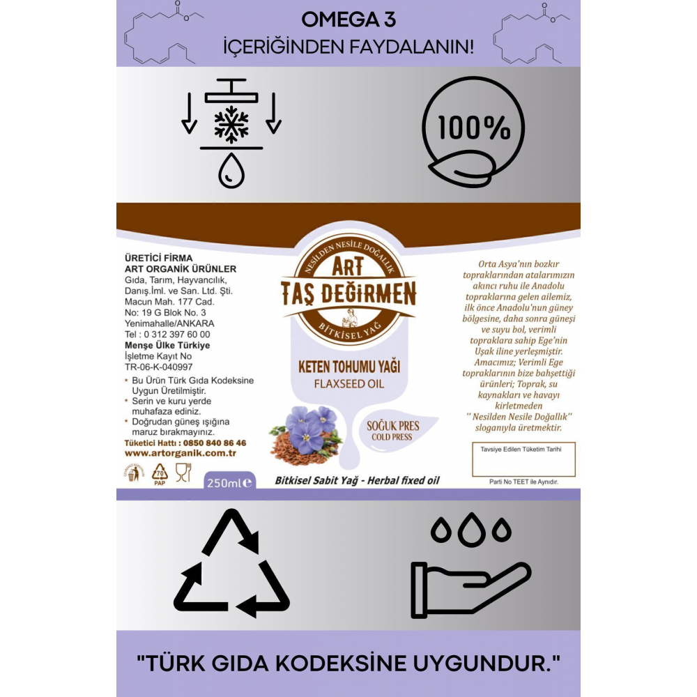 %100 Saf, Doğal Keten Tohumu Yağı 250 ml Soğuk Sıkım (HEDİYE ÜRÜN FIRSATI)