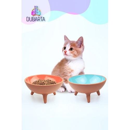 2li Ayaklı Sırlı Toprak Çömlek Kedi - Köpek Mama Kabı (15CM)