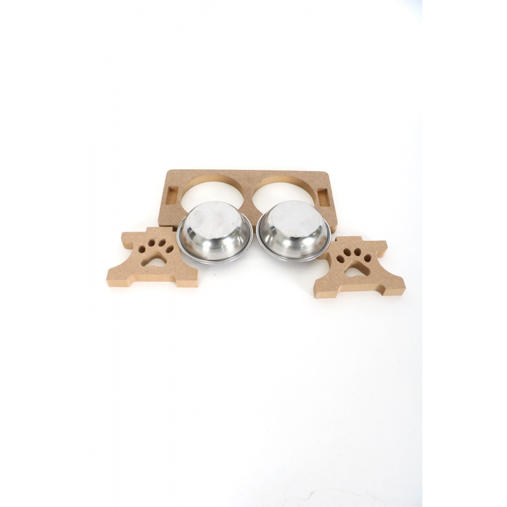 Ahşap Demonte 2 Çelik Taslı Kedi Mama Ve Su Kabı