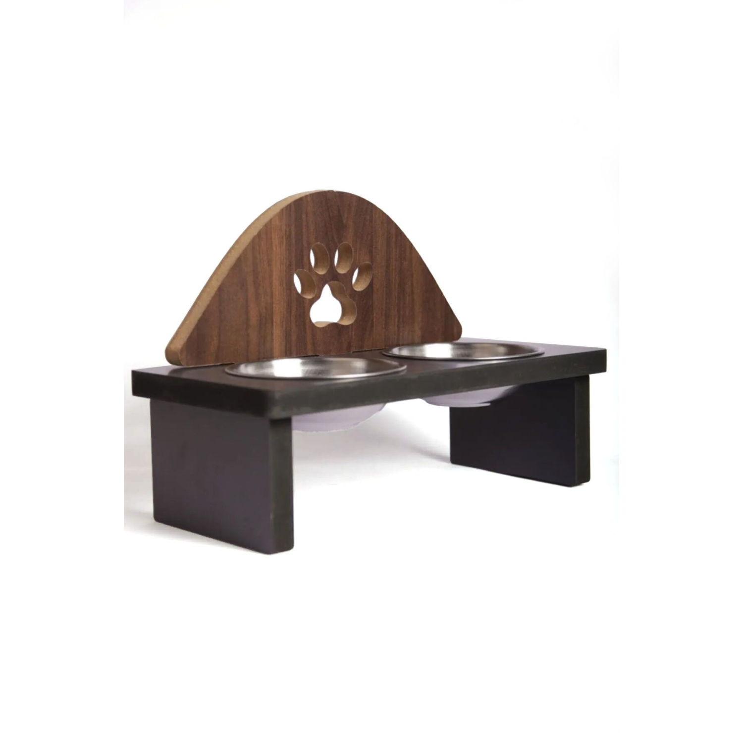 Mama Kabı Pati Desenli Ahşap Çelik Kaseli Kedi Köpek Mama Ve Su Kabı