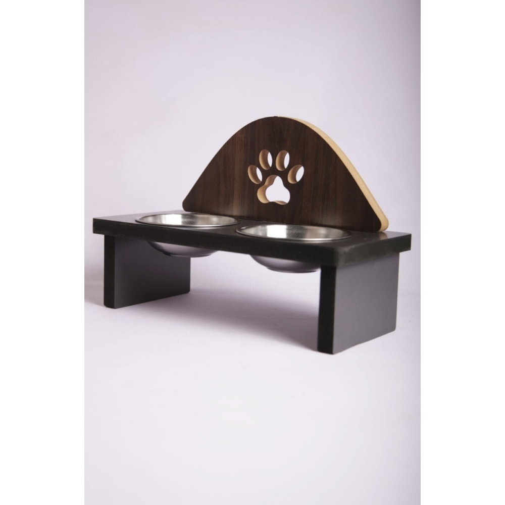 Mama Kabı Pati Desenli Ahşap Çelik Kaseli Kedi Köpek Mama Ve Su Kabı