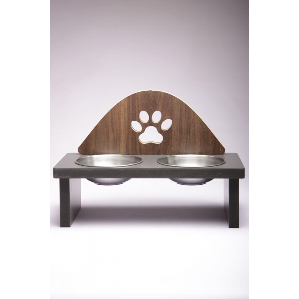 Mama Kabı Pati Desenli Ahşap Çelik Kaseli Kedi Köpek Mama Ve Su Kabı