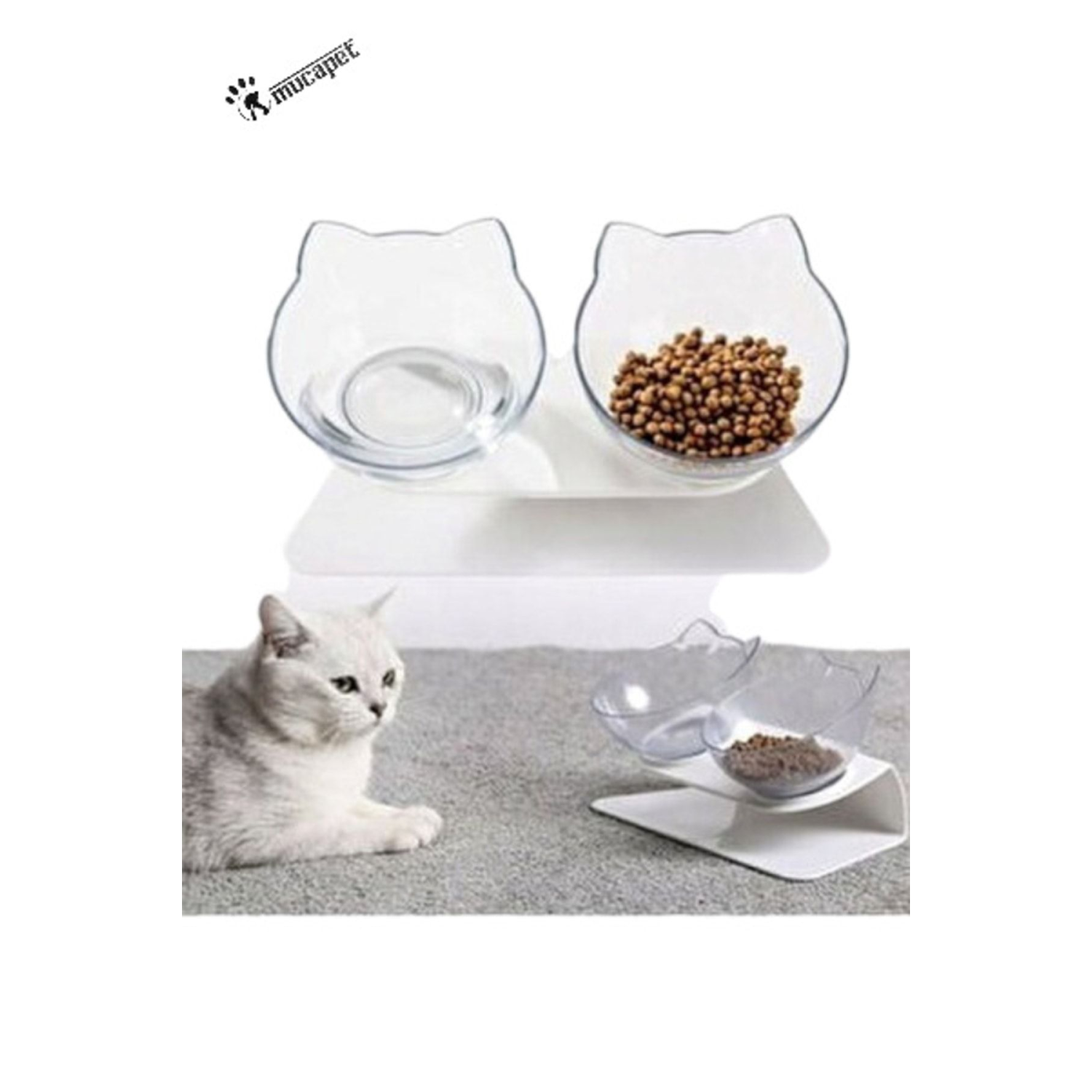 Şeffaf Kedi Kafalı Ikili Mama Kabı