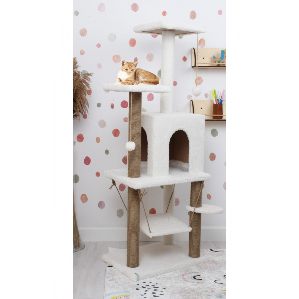 Salıncaklı Lüx Kedi Tırmalama Kedi Oyun Evi-beyaz