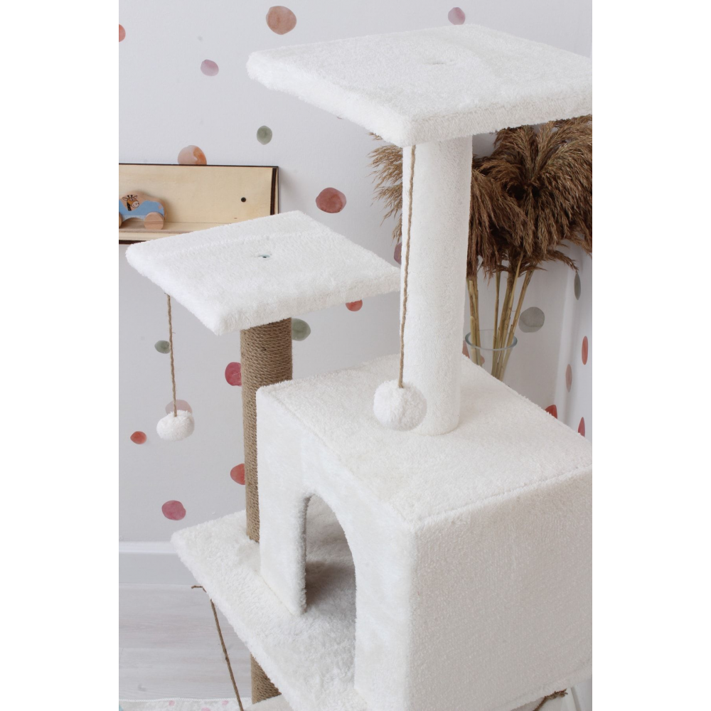 Salıncaklı Lüx Kedi Tırmalama Kedi Oyun Evi-beyaz