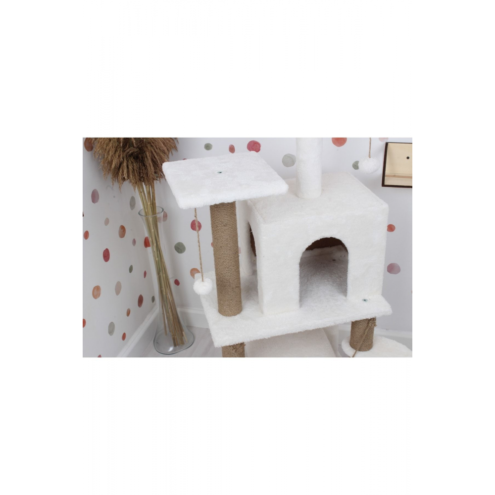 Salıncaklı Lüx Kedi Tırmalama Kedi Oyun Evi-beyaz