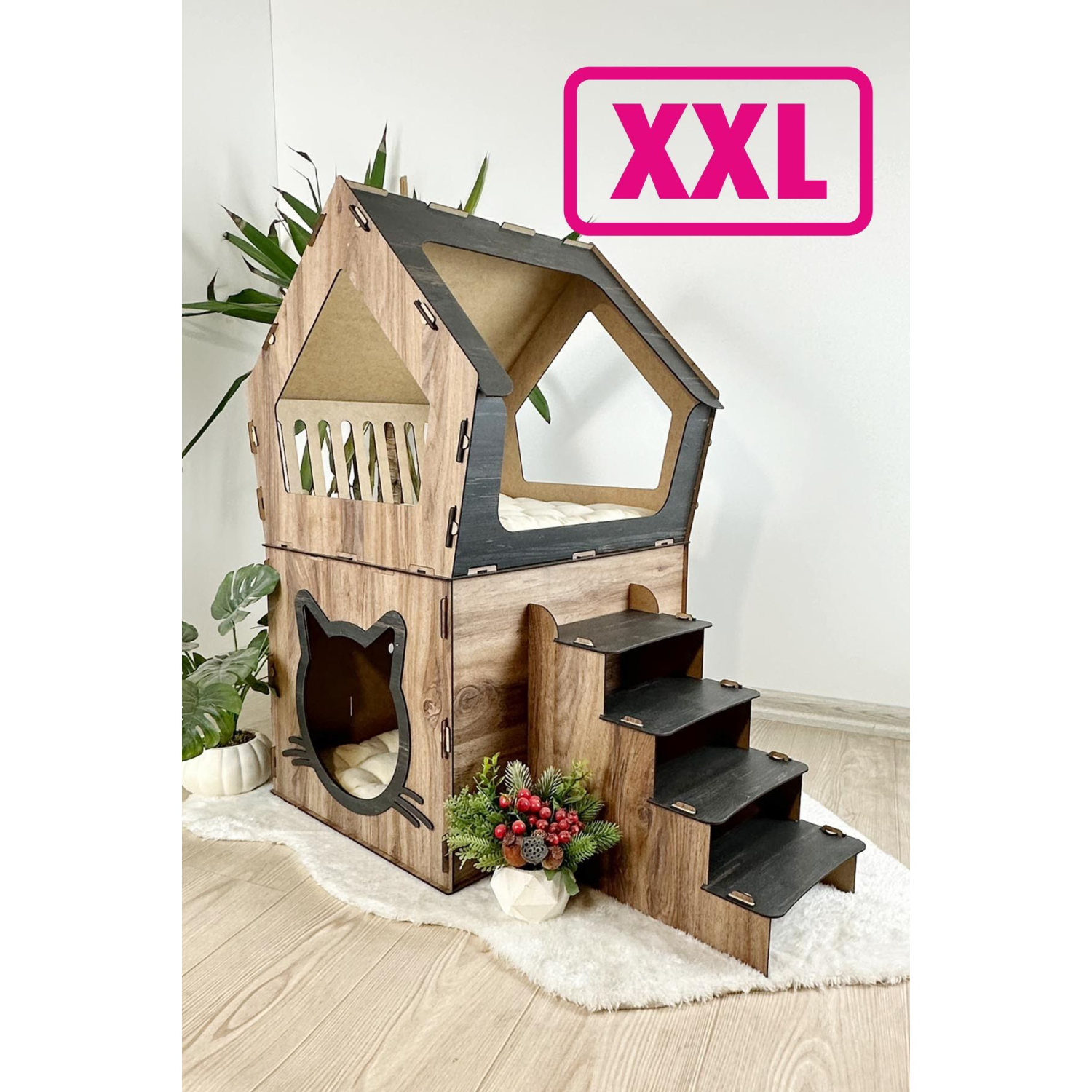 XXL MODEL DEKORATİF AHŞAP BÜYÜK TERASLI KEDİ EVİ 5KG VE ÜZERİ KEDİLER İÇİN UYGUNDUR