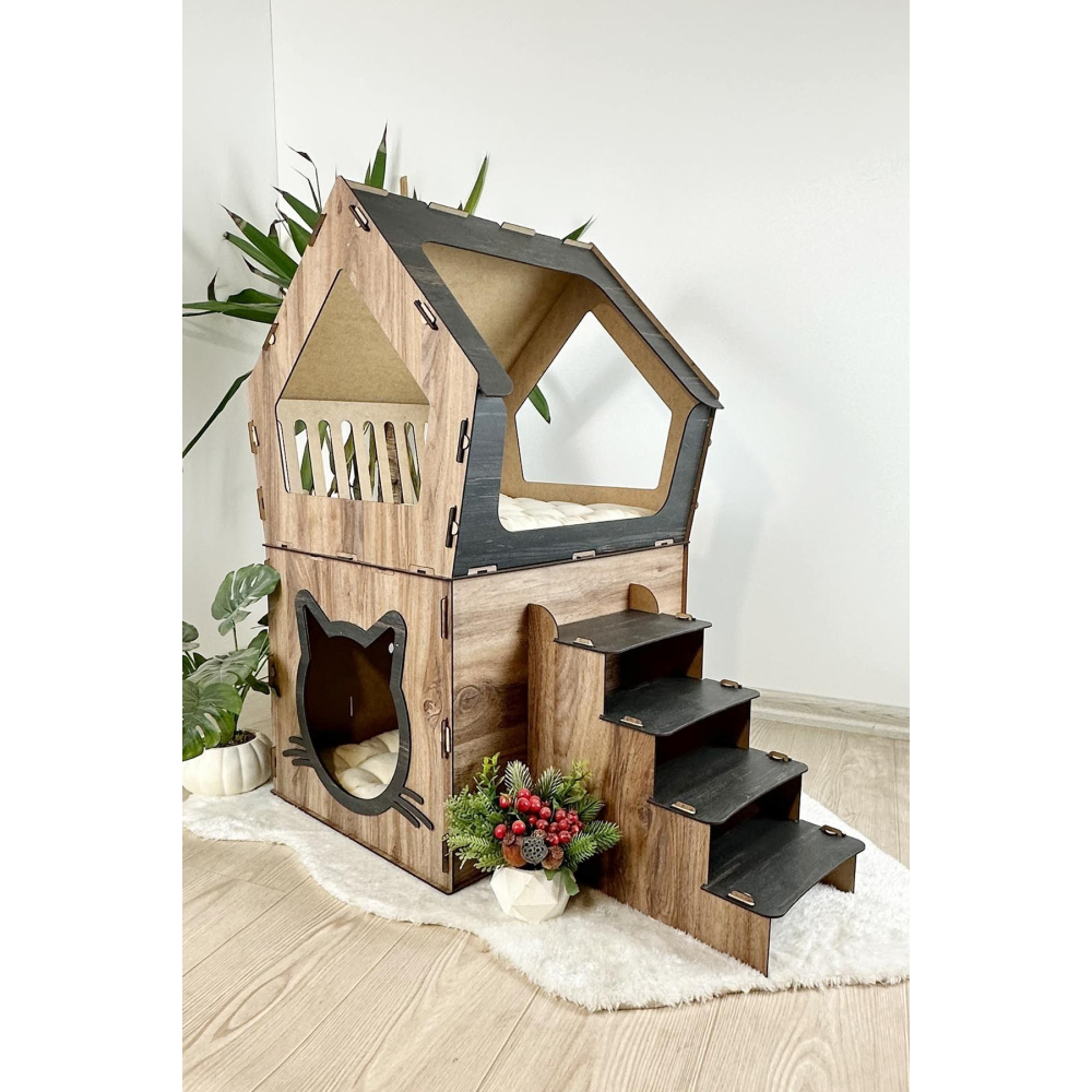 XXL MODEL DEKORATİF AHŞAP BÜYÜK TERASLI KEDİ EVİ 5KG VE ÜZERİ KEDİLER İÇİN UYGUNDUR