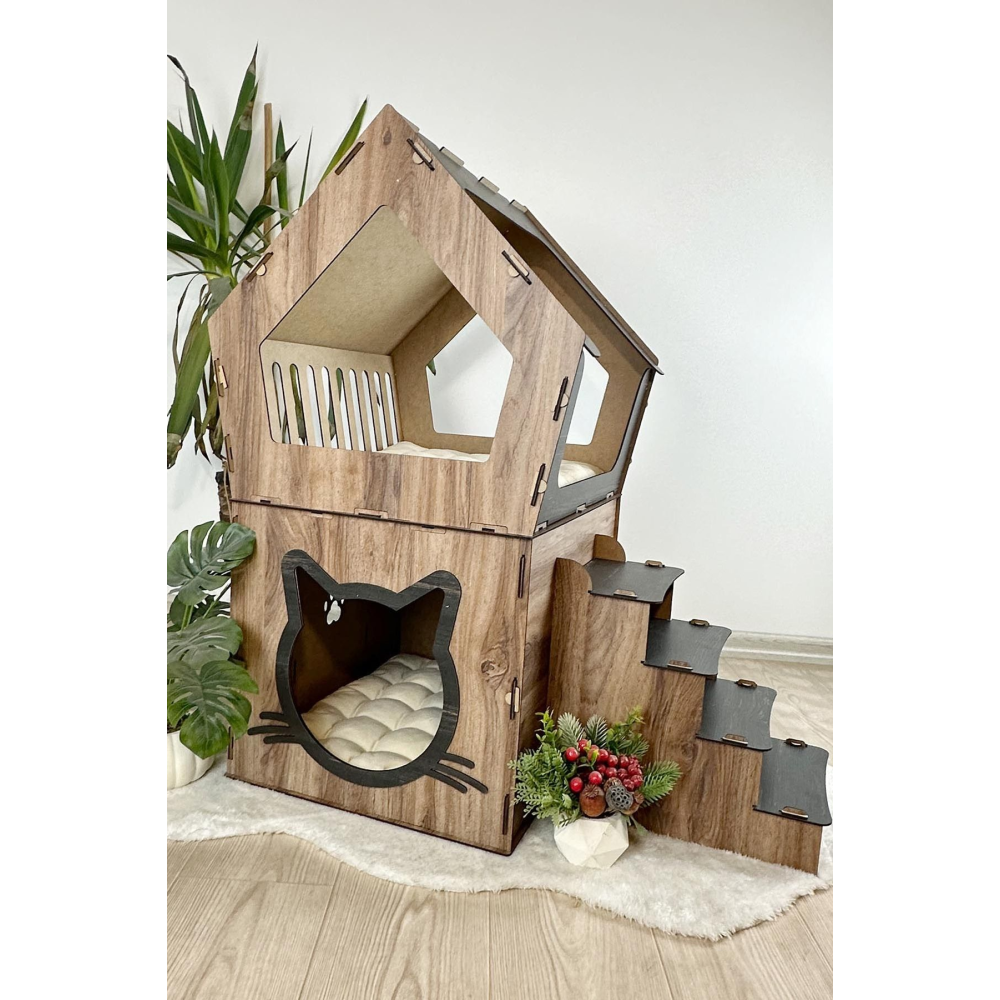XXL MODEL DEKORATİF AHŞAP BÜYÜK TERASLI KEDİ EVİ 5KG VE ÜZERİ KEDİLER İÇİN UYGUNDUR