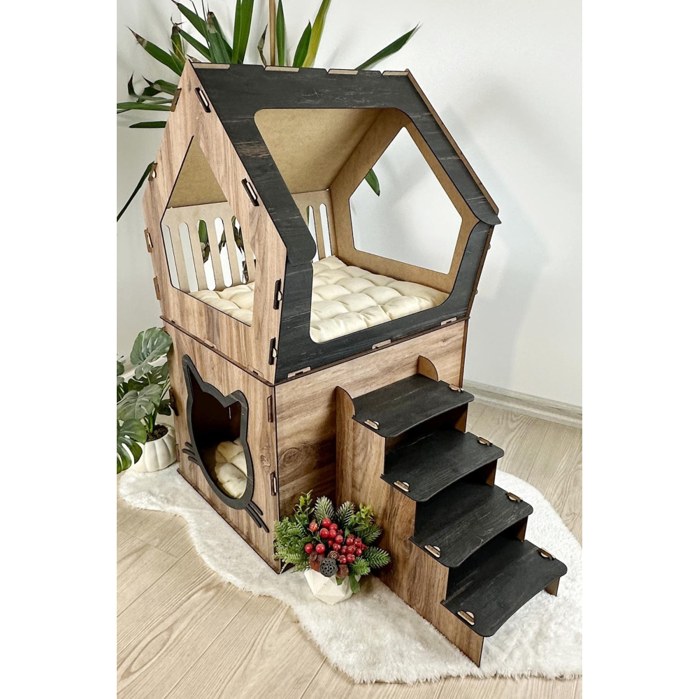 XXL MODEL DEKORATİF AHŞAP BÜYÜK TERASLI KEDİ EVİ 5KG VE ÜZERİ KEDİLER İÇİN UYGUNDUR