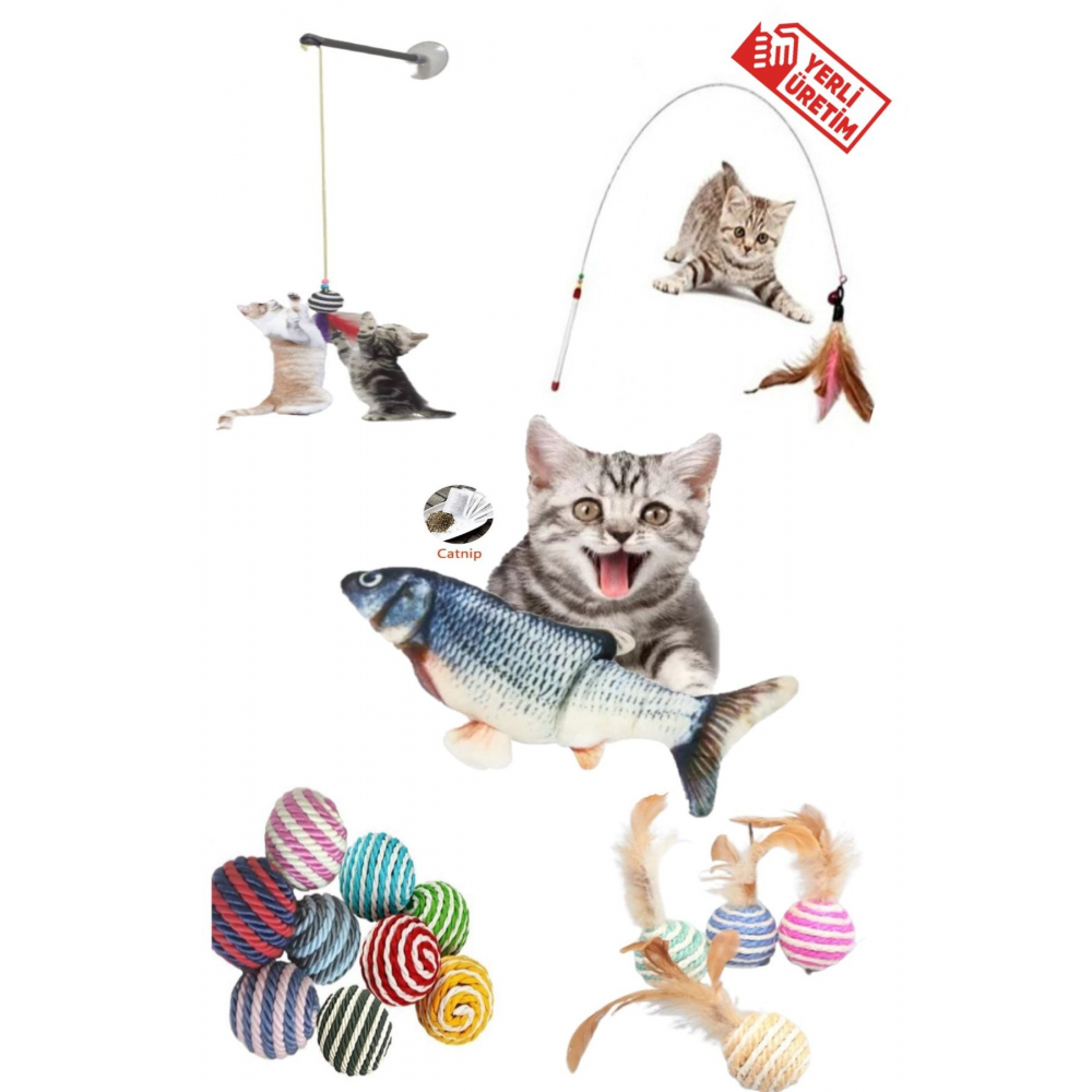 5 Li Set 1 Adet 90 Cm Olta 1adet Tüylü Top 1adet Vantuzlu Olta 1adet Ip Sarma Top 1adet Peluş Balık