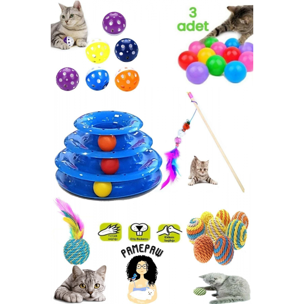 8'li Set: Sarma Topu+3'lü Renkli Top+oyun Topu Tüylü + Kedi Oltası+3 Katlı Oyuncak +çıngıraklı Top