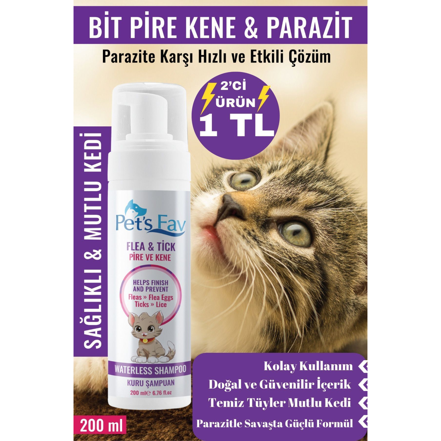 Kedi Bit Pire Kene ve Parazit Önleyici Kuru Köpük Şampuanı