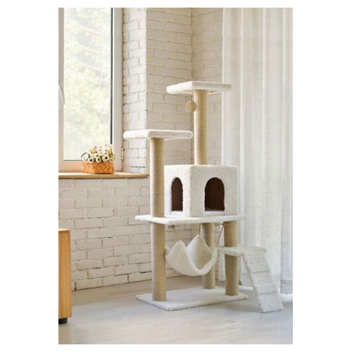 B-07 Hamaklı Yuvalı Lüx Kedi Tırmalama Evi Beyaz-2
