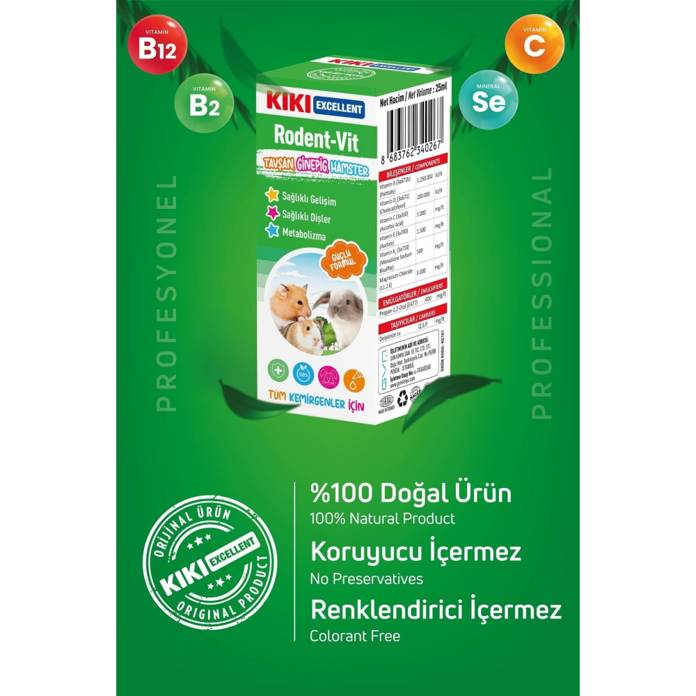 Kemirgen Rodent-vit - Guinega Pig, Hamster, Tavşanlar Için Vitamin - Multivitamin Etkili - 25 Ml.