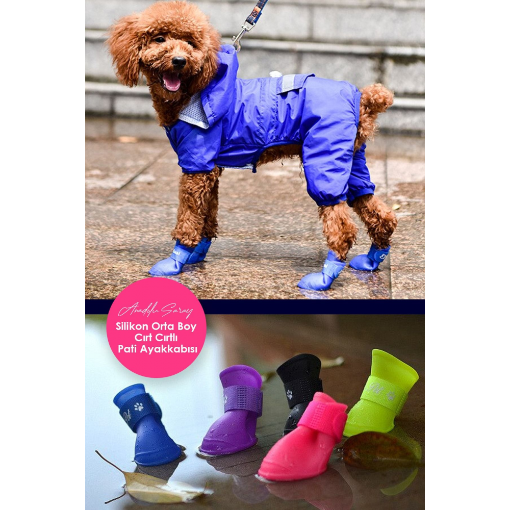Orta Boy Silikon Su Geçirmez Kedi Köpek Ayakkabısı Cırt Cırtlı Pati Ayakkabısı