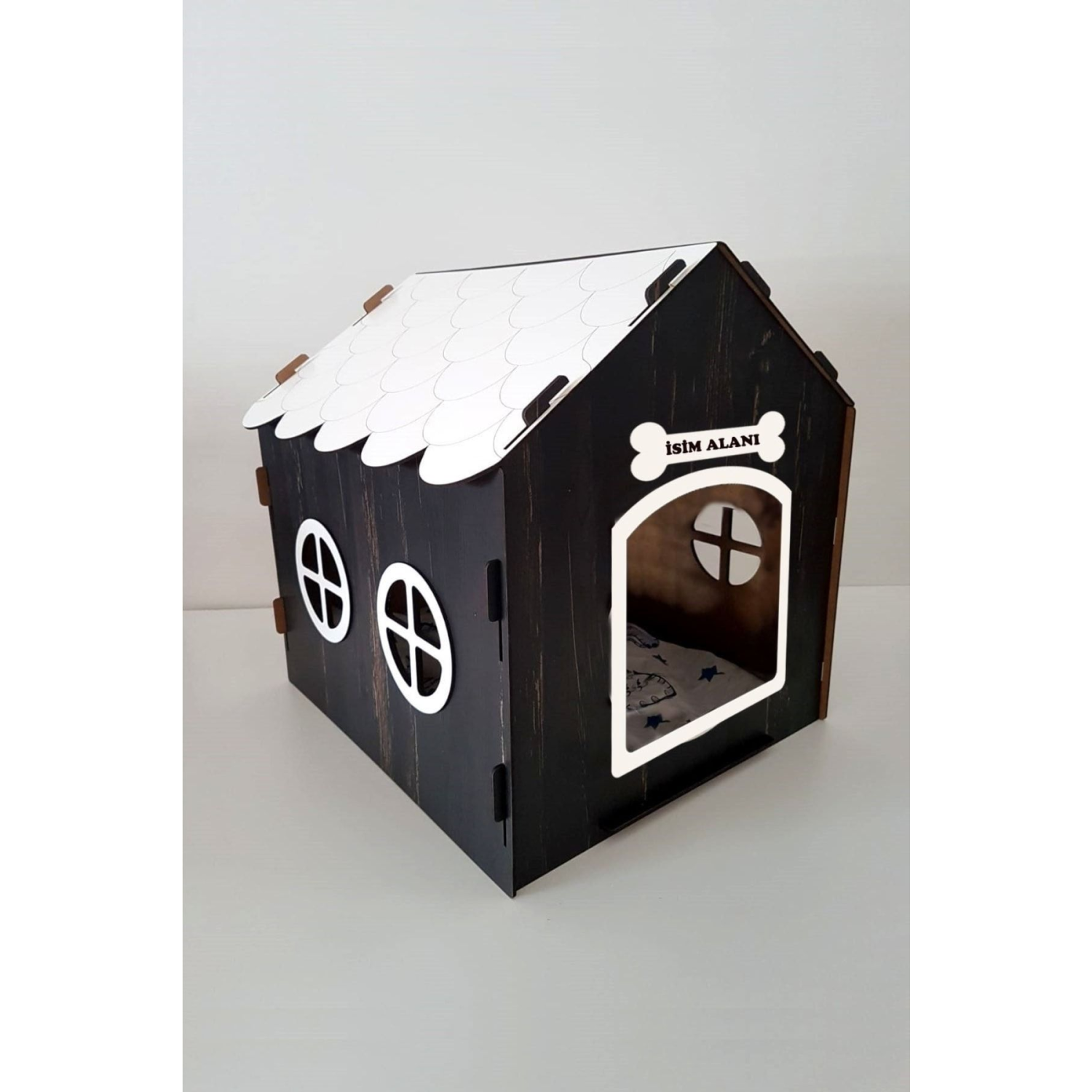 Süper Set Ahşap Dekoratif Köpek Evi-kulübesi Minder Ve Zincir Tasma (beyaz-rebab)