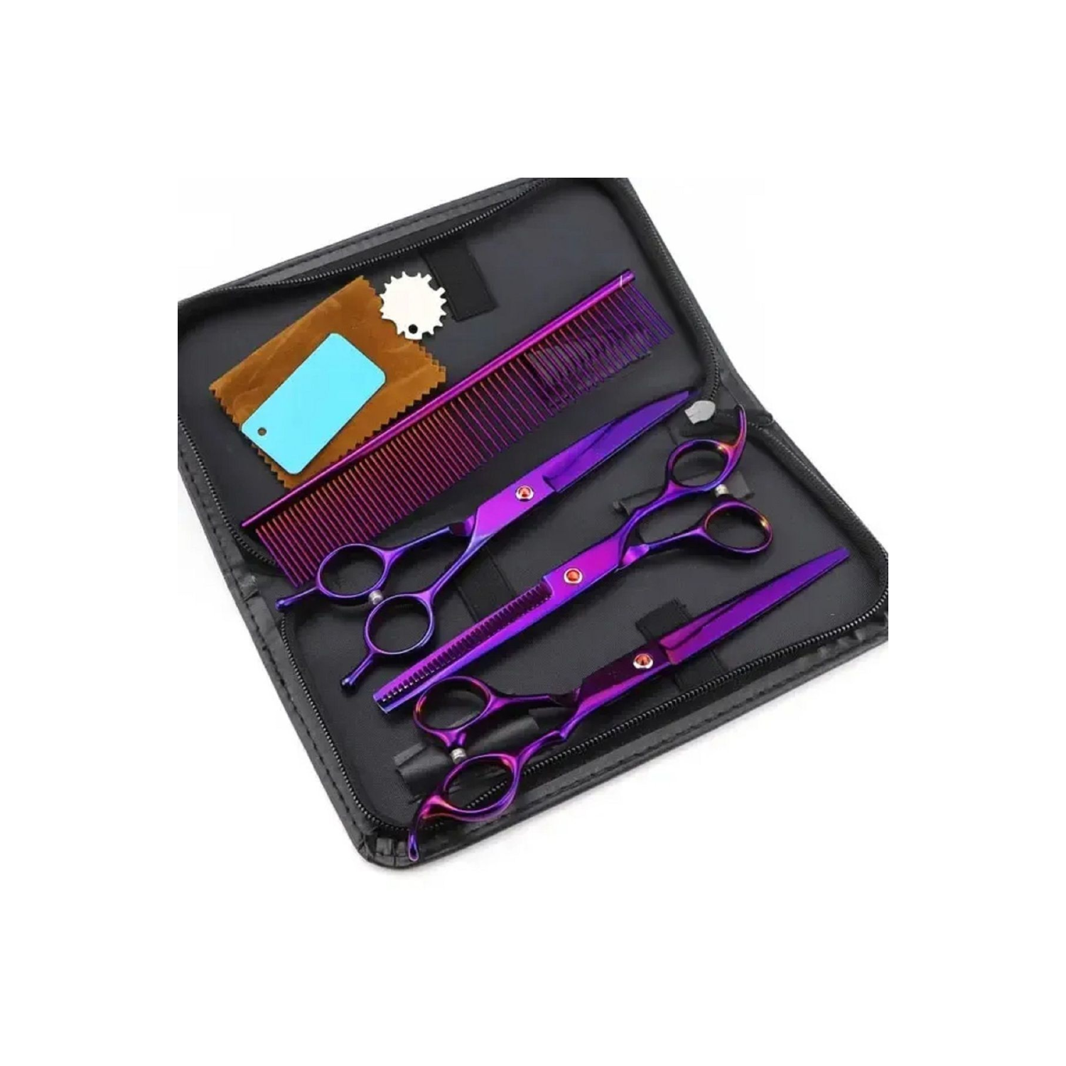 7 Parça 7.0 Inch 18 Cm Deri Çantalı Mor Pet shop Evcil Hayvan Kedi Köpek Traş Kuaför Makas Seti
