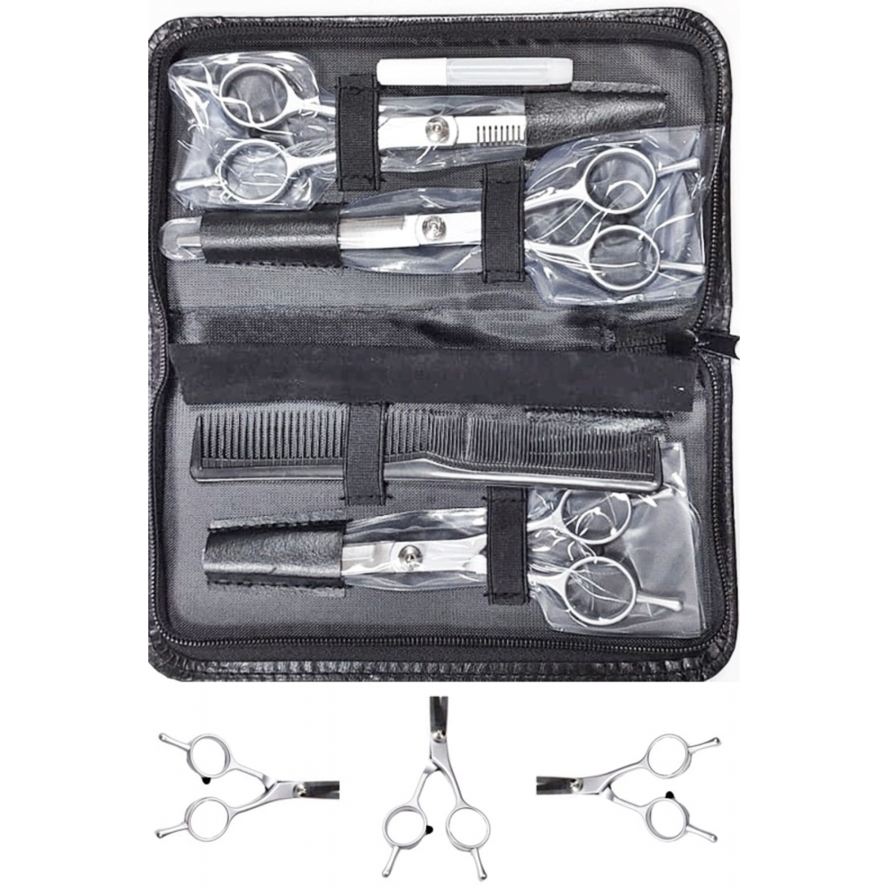Kuaför Tıraş Seti Evcil Hayvan Tıraş Makas Seti Batmaz Uçlu Küt Uçlu Deri Çantalı DH504SET
