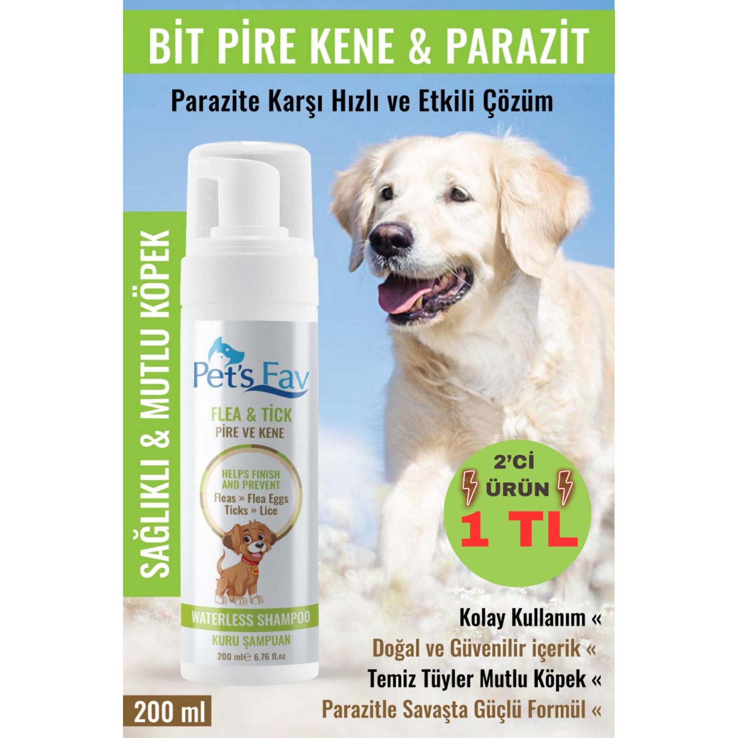 Köpek Bit Pire Kene ve Parazit Önleyici Kuru Köpük Şampuanı