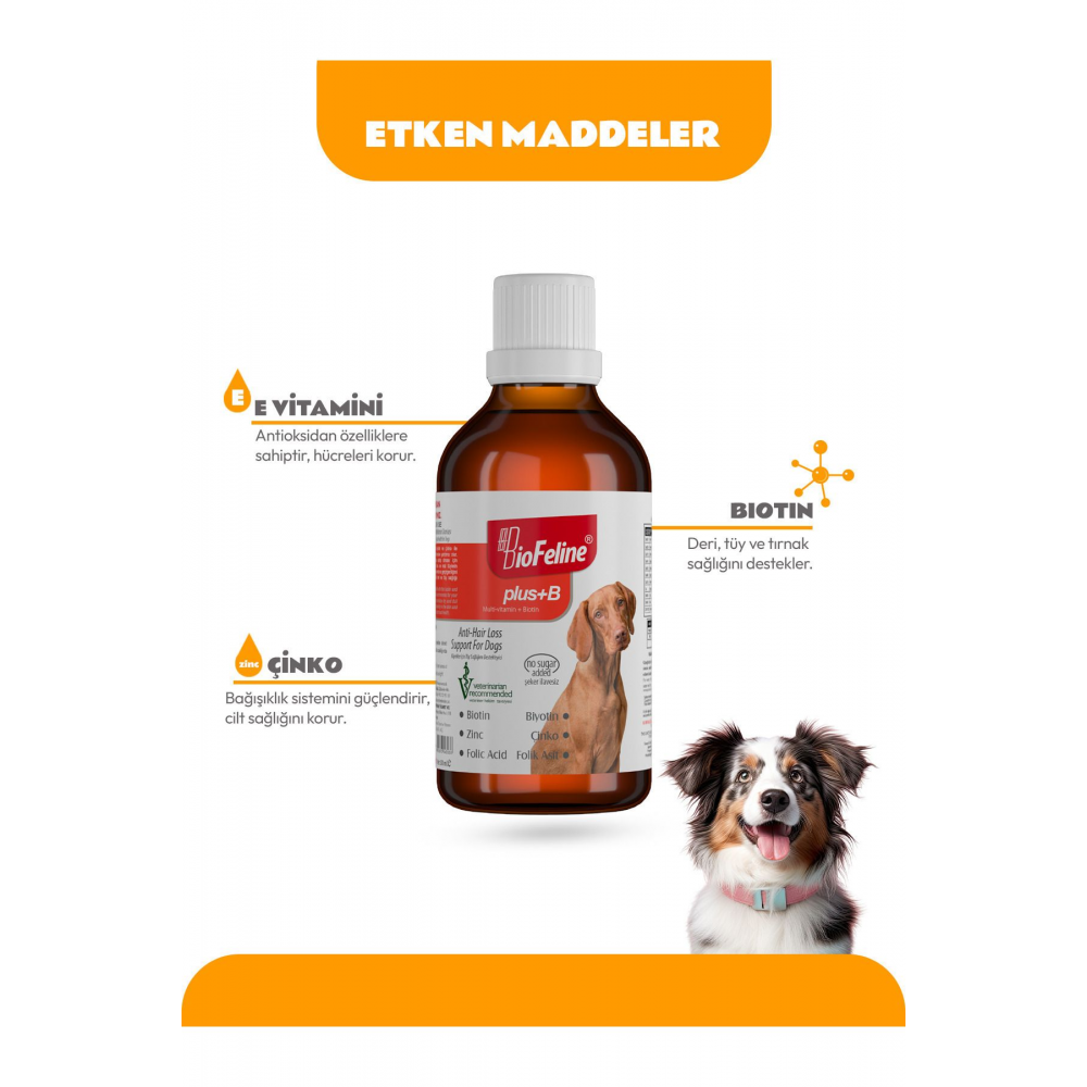 Köpekler Için Plus B Damla 50ml (KÖPEKLER İÇİN TÜY DÖKÜLMESİ ENGELLEYİCİ BİOTİN TÜY SAĞLIĞI DAMLASI)