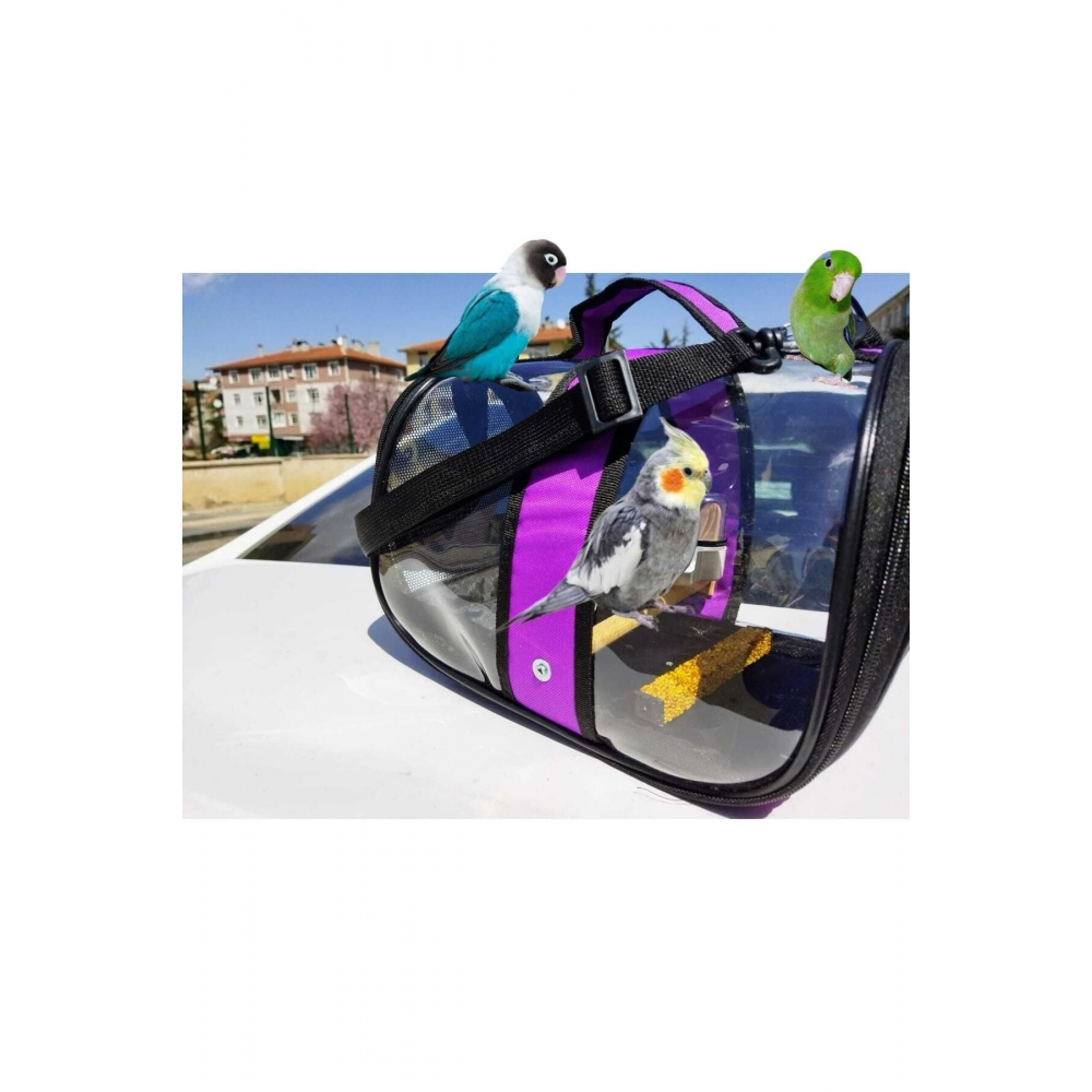 Kuş Taşıma Çantası Suluklu Tünekli 32x22x20 Büyük Boy 1. Kalite, Kraker Hediyeli- Mor