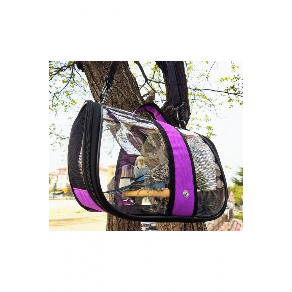 Kuş Taşıma Çantası Suluklu Tünekli 32x22x20 Büyük Boy 1. Kalite, Kraker Hediyeli- Mor