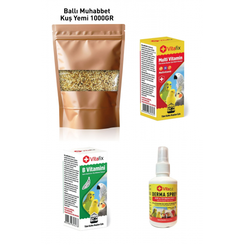 Set Ürün - Muhabbet Kuşu Seti - Muhabbet Kuşu Yemi 1000gr - Multi Vitamin - B Vitamini - Derma Sprey