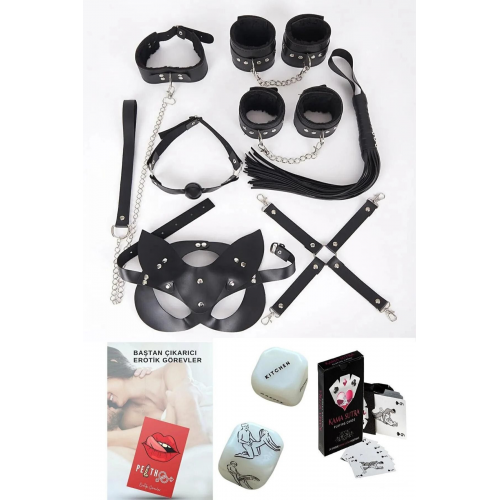 Siyah Fantezi 10'lu Kelepçe Kırbaçlı Bdsm Seti